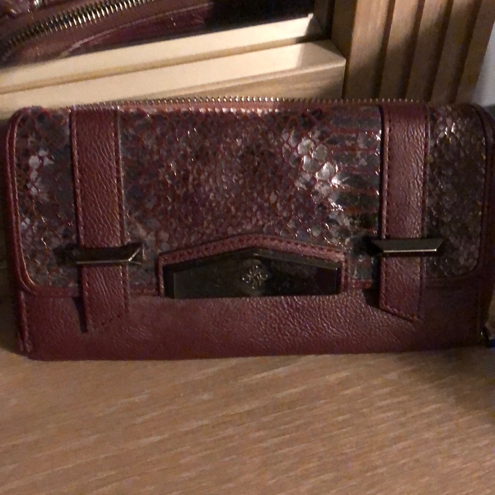 Burgundy leather and snake skin checkbook wallet